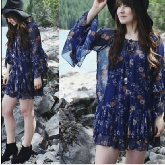 Free People Sunsetter Retro Floral Medium Blue Dress - Picture 1 of 10